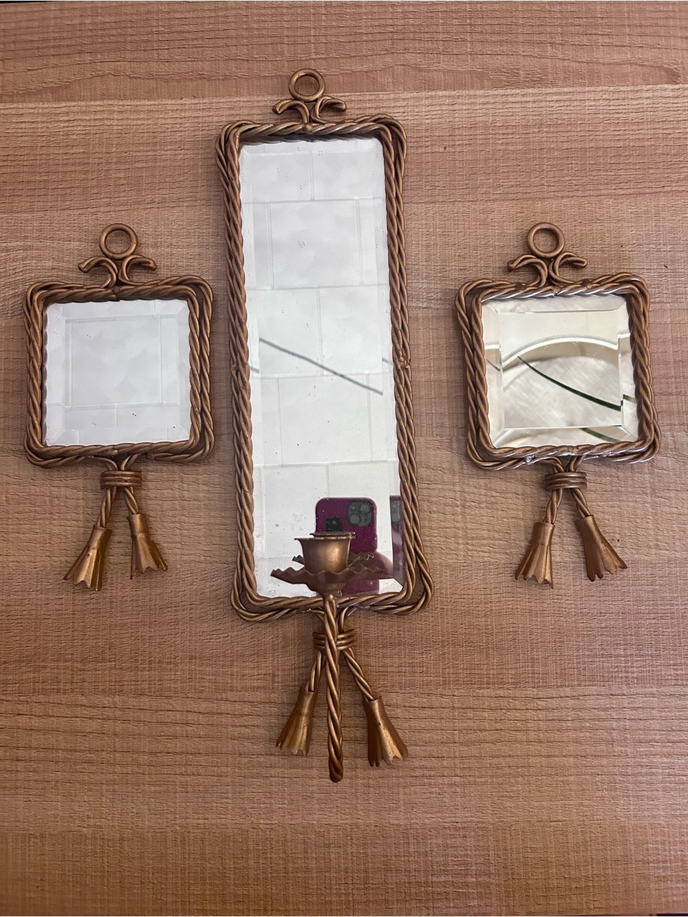 Vintage Gold Three-Piece Tassel Wall Mirror Set
